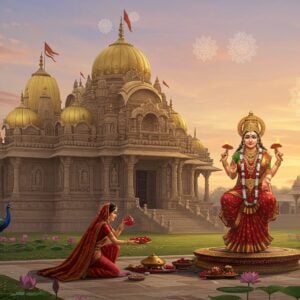 A majestic ancient Indian temple with ornate golden domes and intricate carvings, glowing in soft ethereal light. In the foreground, a beautiful Indian woman in a rich red and gold saree performs a traditional puja ritual, offering flowers to a radiant statue of Goddess Padmavathi. The goddess statue emanates a soft, divine aura. Surrounding the temple are lush gardens with blooming lotus flowers and peacocks. The sky is painted in soothing pastel hues of pink and orange, suggesting sunrise. Delicate, glowing mandalas float in the air, symbolizing spiritual energy. The scene blends Madhubani and digital art styles, with vibrant colors and intricate patterns. A sense of serenity, devotion, and timelessness pervades the image.