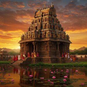 A majestic South Indian temple with ornate gopuram rises against a vibrant sunset sky, its golden-hued stone reflecting warm light. In the foreground, a serene lotus pond with blooming pink flowers mirrors the temple's reflection. Intricate stone carvings of deities and mythological scenes adorn the temple walls, brought to life by soft, ethereal lighting. A group of devotees in colorful traditional attire perform a ritual near the temple entrance, creating a sense of living spirituality. The surrounding landscape shows lush greenery and distant mountains, emphasizing the temple's harmonious connection with nature. The scene is rendered in a style blending hyperrealism with touches of Madhubani art, featuring rich, deep colors like saffron, maroon, and peacock blue. Glowing mandalas and subtle spiritual symbols are integrated into the sky and water, adding a mystical atmosphere.