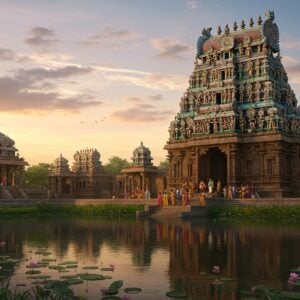 A majestic ancient Indian temple complex with ornate Dravidian architecture, illuminated by golden sunrise light. The main gopuram towers high, adorned with intricate carvings of deities and mythological scenes in vibrant colors. In the foreground, a serene water tank reflects the temple's image. Devotees in colorful traditional attire perform rituals near the entrance. Surrounding the temple are lush green gardens with blooming lotus flowers. The sky features a soft gradient of pastel hues with wispy clouds. The scene is rendered in a style blending hyperrealism with ethereal digital art, emphasizing rich textures and warm lighting. Incorporate elements of Madhubani and Pattachitra in the decorative details.