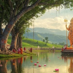 A serene landscape of Arunachal Pradesh with lush green hills and misty mountains in the background. In the foreground, a crystal-clear kund (sacred pool) reflects the golden sunlight, its waters shimmering with an otherworldly glow. Near the kund, a larger-than-life statue of Parshuram, intricately detailed in the Madhubani style, stands with his signature axe. The statue is adorned with vibrant saffron and gold hues. Around the kund, devotees in traditional Arunachali attire perform rituals, their reflections rippling in the water. Floating lotus flowers and diyas dot the surface of the kund. The scene is framed by ancient banyan trees with hanging roots, their trunks painted with intricate Pattachitra-style artwork depicting scenes from Parshuram's life. Soft, ethereal light bathes the entire scene, creating a mystical atmosphere. In the sky, swirling mandala patterns in pastel blues and pinks blend with the clouds, symbolizing the spiritual energy of the place. The overall composition balances traditional Indian art elements with a modern, surreal aesthetic, inviting viewers on a visual spiritual journey.