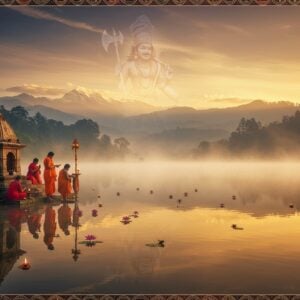 A serene, misty dawn at Parshuram Kund, with golden sunlight filtering through. The sacred pool reflects the sky, creating a mirror-like surface. In the foreground, a group of diverse Indian pilgrims in vibrant traditional attire perform rituals. An elderly sage blesses devotees near an intricately carved stone shrine. The background showcases the lush Arunachal Pradesh landscape with snow-capped Himalayas. Floating lotus flowers and diyas dot the water's surface. A stylized, ethereal image of Parshuram with his axe appears in the sky, formed by wisps of clouds. The scene blends photorealistic elements with a dreamy, surreal quality. Rich, deep colors of saffron, maroon, and peacock blue dominate, with soft golden glows. Intricate Madhubani-style patterns frame the image, incorporating symbols of Hinduism and local tribal motifs.