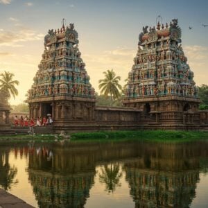 A majestic ancient South Indian temple with intricate Dravidian architecture, its towering gopuram adorned with colorful sculptures of Hindu deities. In the foreground, a serene pond reflects the temple's image, surrounded by lush tropical vegetation. A group of pilgrims in traditional Indian attire approach the temple, carrying offerings. The scene is bathed in the warm glow of a rising sun, creating a mystical atmosphere. Ornate stone carvings depict scenes from Hindu mythology on the temple walls. A large, decorative stone Nandi statue guards the entrance. The composition blends photorealistic details with ethereal lighting and subtle digital enhancements, emphasizing the temple's spiritual significance and historical grandeur.