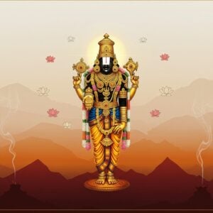 A serene, ethereal scene depicting Lord Venkateswara in his Prasanna form, radiating a soft golden glow against a backdrop of misty Tirumala hills. The deity wears traditional ornate gold jewelry and a vibrant peacock-blue silk dhoti with intricate Madhubani-style patterns. His hands are in a blessing mudra, emanating streams of light. Surrounding him are floating, stylized lotus flowers in pastel pinks and whites. The foreground features a modern, minimalist rendition of the sacred seven hills, rendered in deep maroon and saffron hues. Gentle swirls of incense smoke create a dreamlike atmosphere. The overall composition blends traditional Indian art elements with contemporary digital aesthetics, using a palette of gold, saffron, maroon, and peacock blue. The scene exudes a sense of divine grace, peace, and spiritual connection.