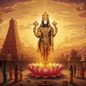 A majestic, golden-hued Lord Venkateswara statue emerges from a lotus flower, radiating divine light. The background features a stylized Tirupati temple with intricate Dravidian architecture, rendered in rich maroon and saffron hues. Ethereal clouds swirl around, forming subtle mandalas. Devotees in colorful traditional attire offer prayers, their forms blending into the surreal landscape. Floating celestial objects like conch shells and chakras surround the deity. The scene is bathed in a soft, warm glow, with streaks of peacock blue adding depth. Modern digital art techniques blend seamlessly with Madhubani and Pattachitra styles, creating a harmonious fusion of traditional and contemporary aesthetics.