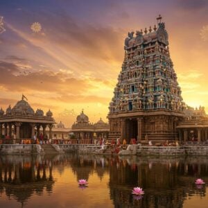 A majestic Prasanna Venkateswara Swamy temple complex in golden hour sunlight, with ornate Dravidian architecture featuring intricately carved gopurams adorned with colorful sculptures. In the foreground, a serene lotus pond reflects the temple's image. Devotees in traditional Indian attire offer prayers and perform rituals. The sky is a blend of warm oranges and soft purples, with ethereal light rays emanating from behind the main temple tower. Floating golden mandalas and stylized lotus patterns frame the scene. The art style combines hyperrealistic details with a touch of surreal, dreamlike quality, emphasizing rich colors like deep blue, saffron, and gold. A subtle map of India appears as a ghostly overlay in the background, with glowing points indicating various Prasanna Venkateswara Swamy temples across the country.