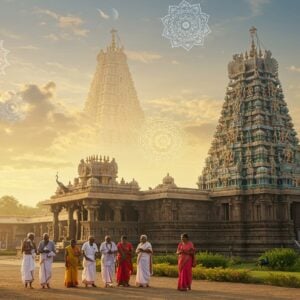 Prompt: A serene, ethereal scene of the Prasanna Venkateswara Temple in Appalayagunta, bathed in soft, golden morning light. The temple's intricate Dravidian architecture is detailed with ornate carvings and vibrant colors. In the foreground, a diverse group of Indian pilgrims in traditional attire approach the temple, their faces filled with reverence and joy. Floating above the temple are translucent, glowing mandalas and stylized lotus flowers in pastel hues of pink and blue. The sky is a gradient of warm gold to soft blue, with wispy clouds forming the subtle shape of Lord Venkateswara's sacred conch and discus. Surrounding the temple are lush green gardens with peacocks. The overall scene blends photorealistic elements with a mystical, dreamlike quality, creating a modern yet spiritually evocative image.