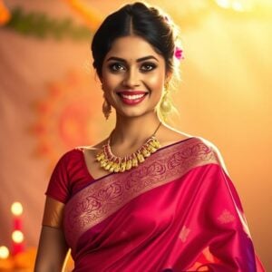 A stunning Indian woman in a vibrant, flowing silk saree with intricate gold embroidery stands confidently in the center. She's adorned with elegant jewelry - a gold necklace, bangles, and earrings. Her hair is styled in a traditional bun with flowers. Behind her, a soft-focus background shows a festive Raksha Bandhan setting with colorful rangoli patterns, diyas, and rakhi threads. The scene is bathed in warm, golden light, creating a festive atmosphere. The color palette includes deep reds, royal blues, and rich golds. The woman's expression is joyful and welcoming, inviting viewers to explore festive fashion. The composition balances traditional elements with modern style, capturing the essence of contemporary Raksha Bandhan celebrations.