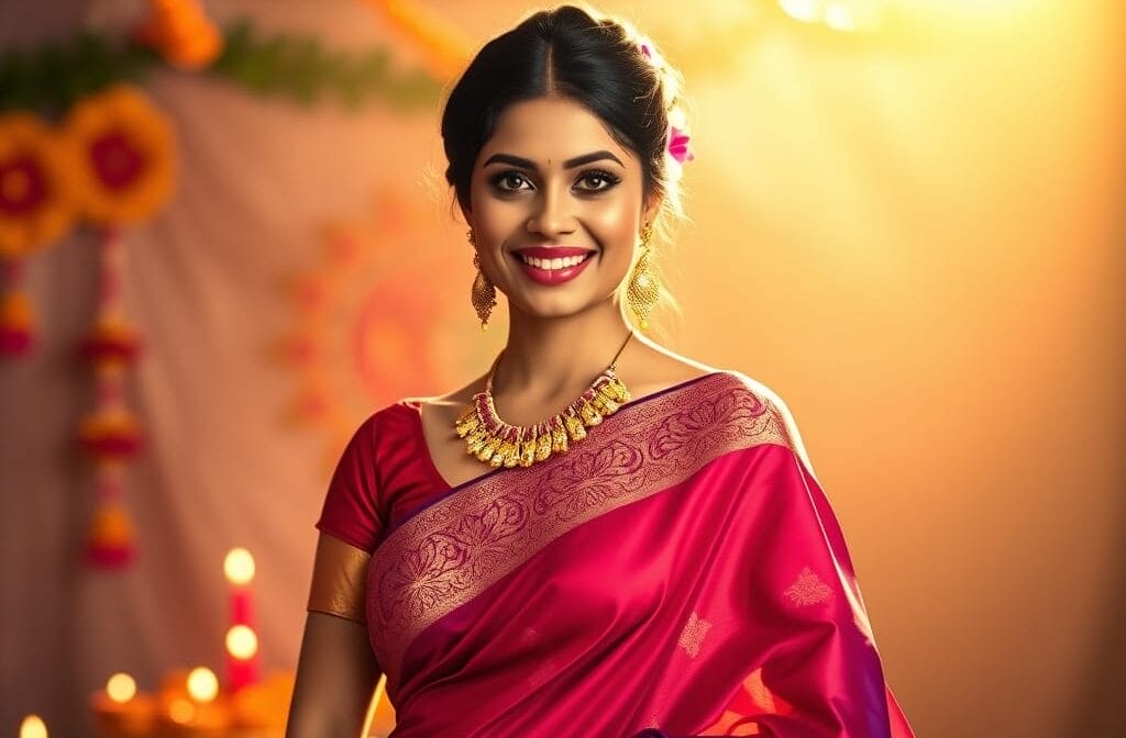 A stunning Indian woman in a vibrant, flowing silk saree with intricate gold embroidery stands confidently in the center. She's adorned with elegant jewelry - a gold necklace, bangles, and earrings. Her hair is styled in a traditional bun with flowers. Behind her, a soft-focus background shows a festive Raksha Bandhan setting with colorful rangoli patterns, diyas, and rakhi threads. The scene is bathed in warm, golden light, creating a festive atmosphere. The color palette includes deep reds, royal blues, and rich golds. The woman's expression is joyful and welcoming, inviting viewers to explore festive fashion. The composition balances traditional elements with modern style, capturing the essence of contemporary Raksha Bandhan celebrations.