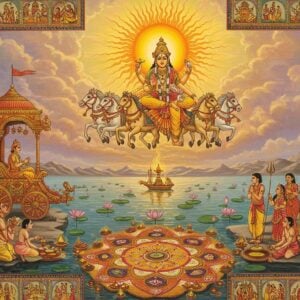 A radiant sun god Surya, depicted as a golden-skinned Indian deity with a crown of rays, rides his magnificent seven-horse chariot across a vibrant sky. The chariot, intricately decorated with Madhubani patterns, glows with ethereal light. Below, devotees in colorful traditional Indian attire perform rituals near a serene lake. Lotus flowers float on the water, reflecting the sun's golden light. In the foreground, an elaborate mandala made of flower petals and grains symbolizes the sun. The scene is bathed in a warm, golden glow, with soft pastels in the background. Intricate Pattachitra-style borders frame the image, featuring miniature depictions of the seven days of the week. The overall atmosphere is one of reverence, celebration, and spiritual awakening, blending traditional iconography with a modern, surreal aesthetic.