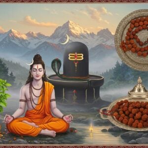 A serene Indian yogi meditating in lotus position, adorned with a Rudraksha mala around his neck and wrists. His eyes are closed in peaceful contemplation. Behind him, a majestic Shiva lingam decorated with Rudraksha beads and fresh Tulsi leaves. To his left, a vibrant Tulsi plant in a decorative pot, its leaves glowing with a soft, divine light. To his right, an ornate silver tray holding Rudraksha beads of various mukhi, arranged in a mandala pattern. The background features a misty Himalayan landscape with snow-capped peaks. Soft, ethereal light bathes the scene, creating a dreamlike atmosphere. In the foreground, a stream of water flows, reflecting the golden light. The art style blends hyperrealistic details with surreal elements, using a palette of deep maroons, saffron, and peacock blue, accented with touches of gold. Intricate Madhubani-inspired patterns frame the image, incorporating lotus motifs and Om symbols.