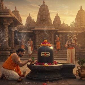 A serene Indian temple courtyard at dawn, bathed in soft golden light. In the foreground, a devout worshipper, dressed in traditional white dhoti and angavastram, kneels before an ornate Shiva lingam. His hands are raised, offering a gleaming copper kalash filled with milk. The lingam is adorned with vibrant red and white flowers, bilva leaves, and a string of rudraksha beads. Wisps of fragrant incense smoke curl upwards, creating an ethereal atmosphere. In the background, other devotees perform various rituals - offering water, lighting diyas, and chanting mantras. The temple architecture showcases intricate carvings of Shiva's various forms and legends. A large stone Nandi statue watches over the scene. The overall style blends hyperrealistic details with a touch of surrealism - the smoke forms subtle, ephemeral images of Shiva's attributes like the trishul and damaru. The color palette focuses on deep, rich hues of saffron, maroon, and peacock blue, with accents of gold. Soft, glowing mandalas hover in the air, adding to the mystical ambiance.