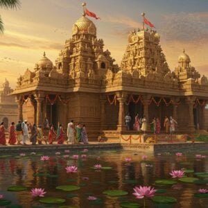 A majestic Indian temple complex with intricate Dravidian architecture, golden spires gleaming in the warm sunlight. In the foreground, a diverse group of Indian visitors - families, couples, and solo travelers - approach the ornate entrance. The scene is framed by lush tropical foliage and colorful flower garlands. A serene pond reflects the temple's image, with lotus flowers floating on its surface. Soft, ethereal light bathes the scene, creating a mystical atmosphere. The art style blends traditional Pattachitra patterns in the temple's details with modern digital painting techniques, using a palette of deep maroon, saffron, and peacock blue with touches of glowing gold. Incorporates subtle mandala patterns in the sky and water, symbolizing spiritual energy.