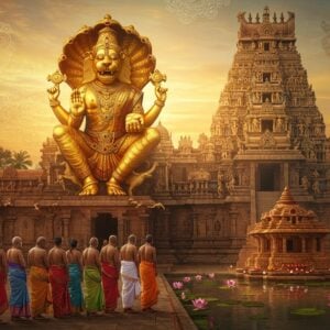 A majestic, golden Lakshmi Narasimha statue in a South Indian temple, illuminated by warm, ethereal light. The deity's lion-man form is intricately detailed, adorned with jewels and surrounded by ornate Dravidian architecture. In the foreground, a diverse group of Indian pilgrims in colorful traditional attire reverently approach. The temple's gopuram towers in the background, its tiers decorated with vibrant sculptures. Soft, glowing mandalas float in the air, while lotus flowers bloom in a nearby sacred pond. The scene blends Madhubani and Pattachitra art styles with modern digital aesthetics, using rich colors like saffron, maroon, and peacock blue. A subtle map of South India appears as a translucent overlay, marking key Lakshmi Narasimha temples. The overall atmosphere is serene and spiritual, inviting viewers on a divine journey.