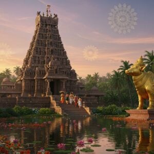 A majestic, intricately carved stone temple emerges from a lush tropical forest, its gopuram reaching towards a pastel-colored sky. The temple's architecture blends traditional South Indian style with unique Mysore elements. In the foreground, a serene lotus pond reflects the temple's image, surrounded by vibrant marigolds and jasmine flowers. A family of devotees in colorful traditional attire approaches the temple steps, carrying offerings. To the side, a large, ornate statue of Varaha (the boar avatar of Vishnu) stands prominently, its golden hue glowing in the soft evening light. Ethereal, glowing mandalas float in the air, adding a mystical atmosphere. The scene is rendered in a style that combines the intricate detailing of Madhubani art with modern digital techniques, using a palette of deep maroons, saffron, peacock blue, and gold. Soft, warm lighting bathes the entire scene, creating a welcoming and spiritual ambiance.