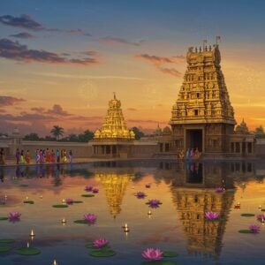 A serene, ethereal depiction of the Sri Hemavathi Siddheswara Swamy Temple at twilight, bathed in soft golden light. The temple's intricate Dravidian architecture is rendered in a fusion of traditional Pattachitra and modern digital art styles. In the foreground, a reflective pool mirrors the temple, creating a symmetrical, dreamlike scene. Floating lotus flowers and glowing diyas dot the water's surface. The sky is a gradient of deep indigo to warm saffron, with delicate, stylized clouds. A group of pilgrims in colorful traditional Indian attire approach the temple, their silhouettes creating a sense of scale and reverence. Mandala-inspired patterns and subtle spiritual symbols are woven into the temple's details and surrounding landscape. The overall atmosphere is one of tranquility, mystery, and spiritual awakening, inviting the viewer to explore further.