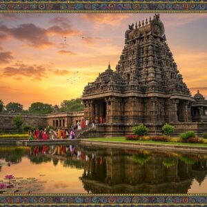 A majestic Hoysala-style temple complex, Sri Prasanna Chennakesava Swamy Temple, rising against a vibrant sunset sky. The temple's intricate stone carvings and sculptures are highlighted in golden light. In the foreground, a serene reflection pool mirrors the temple's ornate towers. Indian pilgrims in colorful traditional attire are seen approaching the temple, creating a sense of scale and reverence. Surrounding the temple are lush gardens with blooming lotuses and fragrant jasmine. The scene is framed by stylized Madhubani-inspired border patterns featuring peacocks and celestial motifs. The overall composition blends photorealistic detail with ethereal, dreamlike qualities, emphasizing the temple's spiritual significance and architectural beauty.