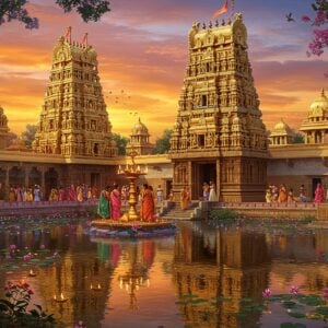 A majestic Indian temple complex with ornate golden spires rising against a vibrant sunset sky, reflecting in a serene lotus-filled pond. The central temple, dedicated to Sri Prasanna Venkateswara Swamy, features intricate Dravidian architecture with detailed carvings and colorful gopurams. In the foreground, devout pilgrims in traditional attire offer prayers and light oil lamps. The scene is surrounded by lush greenery and flowering trees, symbolizing the temple's location in Konda Bitragunta. Soft, ethereal light bathes the entire scene, creating a magical atmosphere. The art style blends hyperrealistic details with dreamy, surreal elements, featuring a rich color palette of deep golds, saffron, and peacock blue. Intricate Madhubani-inspired patterns adorn the temple walls, while the sky showcases a modern, digital interpretation of traditional Indian motifs.