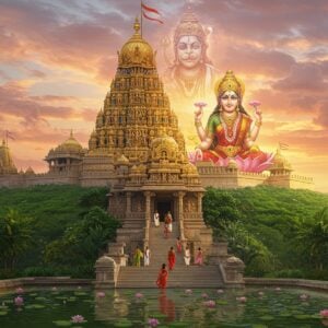 A majestic Indian temple complex atop a lush green hill, golden spires gleaming in the warm sunlight. The main gopuram, intricately carved with scenes from Hindu mythology, dominates the scene. In the foreground, a serene lotus pond reflects the temple's image. Devotees in colorful traditional attire ascend stone steps, some carrying offerings. A large, ethereal lion-faced Narasimha avatar hovers protectively over the temple, his form translucent and glowing. Lakshmi, adorned in a red and gold saree, sits beside him, showering blessings. The sky is a gradient of soft pinks and oranges, with wisps of clouds forming subtle mandala patterns. Soft, divine light emanates from the temple entrance. The art style blends hyperrealism with mystical elements, featuring rich, deep colors and intricate details reminiscent of Pattachitra paintings.