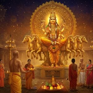 A majestic golden statue of Suryanarayana Swamy, radiating divine light, stands at the center of an ornate temple courtyard. The deity is depicted riding his chariot drawn by seven horses, symbolizing the seven days of the week. Around the statue, devotees in colorful traditional Indian attire perform various rituals. In the foreground, a priest offers a tray of yellow flowers, fruits, and ghee lamps to the sun god. The background features intricate Madhubani-style patterns of suns, lotuses, and celestial bodies in rich saffron, deep blue, and gold hues. Soft, ethereal light bathes the scene, creating a serene and spiritual atmosphere. A mandala-inspired halo surrounds the deity, blending traditional iconography with modern digital art techniques. The overall composition balances vibrant colors with subtle, glowing effects, capturing the essence of devotion and cosmic energy.