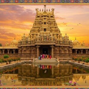 A majestic Suryanarayana Temple in Domlur bathed in golden sunlight, its ornate Dravidian-style architecture gleaming against a vibrant orange and pink sky. The temple's gopuram is adorned with intricate carvings of Hindu deities and celestial beings, highlighted by soft, ethereal glows. In the foreground, a serene lotus pond reflects the temple's image, with stylized golden rays emanating from the main sanctum. Indian devotees in colorful traditional attire are seen entering the temple, their silhouettes creating a sense of scale and reverence. Surrounding the temple are lush green gardens with blooming flowers in warm hues. The scene is rendered in a harmonious blend of realistic details and surreal, dreamlike elements, with a color palette dominated by deep golds, saffrons, and peacock blues. Intricate Madhubani-inspired patterns frame the edges of the image, infusing it with a contemporary Indian art sensibility.