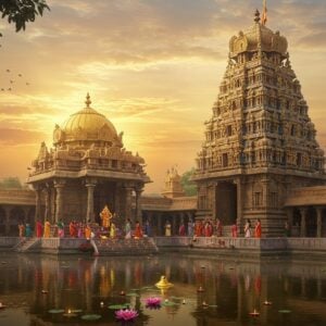 A majestic, golden-domed Suryanarayana Temple in Kumbakonam, bathed in the warm glow of a rising sun. The temple's intricate Dravidian architecture features ornate carvings and vibrant frescoes, blending traditional design with a modern, polished aesthetic. In the foreground, a serene lotus pond reflects the temple's image, with floating diyas and flower petals. A group of devotees in colorful traditional attire perform a morning ritual, their silhouettes creating a dynamic contrast against the radiant temple backdrop. Soft, ethereal beams of light filter through the temple's pillared hall, illuminating the main deity of Surya. The sky is a gradient of saffron, pink, and pale blue, with wispy clouds forming subtle mandala patterns. Lush tropical foliage frames the scene, with peacocks perched on the temple walls. The overall atmosphere is one of spiritual awakening and timeless beauty, captured in a style that merges photorealistic details with dreamlike, surreal elements.