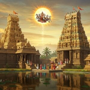 A majestic Suryanarayana Temple bathed in golden sunlight, its ornate South Indian architecture showcasing intricate carvings and vibrant colors. The temple's towering gopuram reflects in a tranquil pond in the foreground, surrounded by lush tropical vegetation. A diverse group of devotees in traditional Indian attire approach the temple, carrying offerings. In the sky, a radiant sun disk transforms into a divine chariot drawn by seven horses, symbolizing Surya. The scene is rendered in a style blending hyperrealism with elements of Madhubani and digital art, featuring rich golds, deep reds, and vibrant blues. Soft, ethereal light suffuses the image, creating a serene and spiritual atmosphere. Subtle mandalas and lotus motifs float in the air, adding a touch of magic and divinity to the scene.