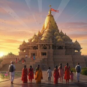 A majestic Suryanarayana temple at sunrise, its golden spire glowing in the warm light. The temple architecture blends traditional Indian styles with modern elements, featuring intricate carvings and sleek lines. In the foreground, a diverse group of Indian visitors, both young and old, approach the temple with expressions of awe and reverence. The sky is painted in vibrant hues of orange, pink, and blue, with stylized sun rays emanating from behind the temple. Surrounding the temple are lush gardens with blooming lotus flowers and calm reflection pools. The scene is infused with a sense of spirituality and exploration, with subtle wayfinding elements like maps or signposts blended seamlessly into the landscape. The overall composition balances the grandeur of the temple with the human element of discovery and pilgrimage, rendered in a style that merges traditional Madhubani patterns with modern digital art techniques.