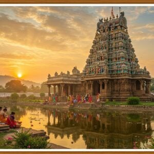 A majestic Suryanarayana temple in Karnataka, bathed in golden sunlight at dawn. The temple's ornate Dravidian architecture features intricate carvings and a towering gopuram adorned with vibrant sculptures of Sun God and celestial beings. In the foreground, a serene lotus pond reflects the temple's grand facade. Devotees in colorful traditional attire perform rituals, offering flowers and prayers. The sky is a blend of soft oranges and blues, with rays of sunlight streaming through clouds, creating a divine atmosphere. Surrounding the temple are lush green gardens with blooming flowers and ancient banyan trees. In the distance, misty hills add depth to the scene. The overall composition balances the rich cultural heritage with a modern, ethereal aesthetic, incorporating elements of Madhubani and Pattachitra art styles in the details and color palette.