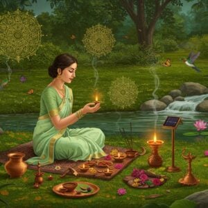 A serene Indian woman in a pastel green saree performs a puja ritual in a lush garden setting. She sits cross-legged before a sustainable altar made of reclaimed wood, adorned with clay diyas and organic flowers. A solar-powered lamp casts a soft, golden glow. Surrounding her are eco-friendly puja items: reusable copper vessels, biodegradable leaf plates, and natural incense. In the background, a flowing stream and blooming lotus pond symbolize purity. Butterflies and hummingbirds hover nearby. The scene is rendered in a harmonious blend of traditional Madhubani patterns and modern digital art, with a color palette of earthy greens, warm golds, and soft blues. Intricate mandalas float ethereally in the air, emitting a subtle, spiritual light. The overall atmosphere exudes tranquility, mindfulness, and environmental consciousness.