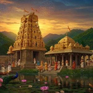 A majestic golden temple with intricate Dravidian architecture shimmers against a backdrop of lush green hills at sunset. The temple's gopuram is adorned with ornate carvings of Hindu deities, highlighted by warm, ethereal light. In the foreground, a serene lotus pond reflects the temple's golden glow. Indian devotees in colorful traditional attire offer prayers and light diyas. The scene is framed by blooming frangipani trees and peacocks. The art style blends hyperrealism with elements of Madhubani and digital art, featuring rich colors like deep blue, saffron, and gold. A subtle mandala pattern in the sky suggests divine presence. The overall atmosphere is one of hidden spirituality and cultural richness, inviting exploration.