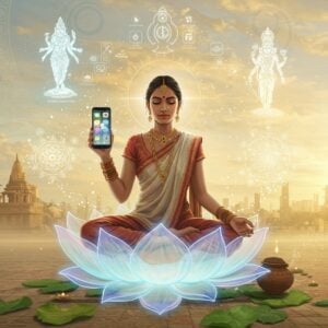 Prompt: A serene Indian woman in a contemporary outfit with a traditional touch, sitting in lotus position on a floating, translucent lotus flower. She's holding a sleek smartphone in one hand, its screen glowing with vibrant Hindu symbols and app icons. Around her, holographic projections of various Hindu deities and sacred geometry patterns hover in the air. The background transitions from a ancient temple architecture on one side to futuristic cityscapes on the other, symbolizing the bridge between tradition and technology. Soft, ethereal light bathes the scene in warm golden and pale blue hues. Intricate Madhubani-style patterns form a decorative border around the image. The art style blends hyperrealism with digital fantasy, creating a dreamlike, spiritual atmosphere that's both modern and deeply rooted in tradition.