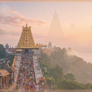 A serene, ethereal scene depicting the Tirupati temple complex atop a misty hill at dawn. The golden spire of the main temple gleams in the soft morning light, surrounded by lush greenery. In the foreground, a diverse group of Indian pilgrims in colorful traditional attire ascend the steps, their faces glowing with devotion. Floating above them are translucent, glowing mandalas and lotus flowers, symbolizing spiritual guidance. The sky is painted in pastel hues of pink and gold, with wispy clouds forming the subtle shape of Lord Venkateshwara's silhouette. Intricate Madhubani-style patterns frame the edges of the image, incorporating modern elements like smartphones and travel bags alongside traditional motifs. The overall atmosphere blends the ancient sanctity of Tirupati with a contemporary, accessible feel, inviting viewers to embark on their own spiritual journey.