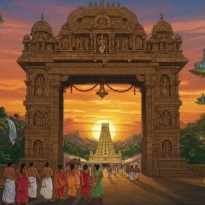 Prompt: A majestic, ornate stone archway (Alipir Gate) in traditional South Indian temple architecture, intricately carved with Hindu deities and floral motifs, standing tall against a vibrant sunset sky with hues of orange and pink. The gate is adorned with colorful garlands and glowing oil lamps. In the foreground, a diverse group of Indian pilgrims in traditional attire are walking towards the gate, carrying offerings. The surrounding landscape features lush green hills of the Eastern Ghats, with the silhouette of Tirumala temple visible in the distance. Stylized depictions of nearby attractions like Talakona Waterfall and Sri Venkateswara National Park float ethereally in the sky. The scene is rendered in a fusion of Madhubani and digital art styles, with rich, deep colors and intricate patterns. A soft, golden glow emanates from the gate, symbolizing its spiritual significance. The overall composition conveys a sense of journey, devotion, and the rich cultural heritage of Tirupati.