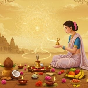 A serene Indian woman in a soft pastel sari performs a puja ritual in a tranquil, ethereal space. She's seated on a lotus-shaped platform, surrounded by glowing diyas and fragrant incense. A large, translucent mandala floats behind her, radiating soft golden light. Various puja items - a bell, flowers, coconut, and fruits - are artfully arranged before her. Shimmering threads of light connect these objects, symbolizing their spiritual significance. In the background, faint outlines of ancient temples blend with modern architecture, creating a timeless atmosphere. The scene is bathed in a warm, golden glow, with hints of saffron and peacock blue. Delicate, swirling patterns reminiscent of henna designs frame the edges of the image. The art style merges traditional Madhubani and Pattachitra techniques with sleek digital rendering, creating a harmonious blend of heritage and modernity.