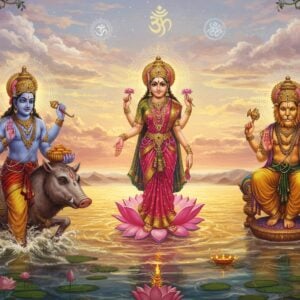 A majestic, ethereal scene depicting the divine trinity of Varaha, Lakshmi, and Narasimha avatars in a surreal Indian landscape. Varaha, the boar avatar, emerges from swirling golden waters, carrying Earth goddess on his tusks. Lakshmi, radiant in a flowing pink and gold sari, stands gracefully on a floating lotus, showering blessings. Narasimha, half-man half-lion, sits regally on an ornate throne, exuding power. The background features a mesmerizing blend of traditional Madhubani patterns and modern digital art, with intricate mandalas, glowing chakras, and celestial motifs in deep maroon, saffron, and peacock blue. Soft, luminous auras surround each deity, creating a sense of divine energy. The sky is a canvas of pastel hues with ethereal clouds forming subtle Hindu symbols. Stylized lotus flowers and vines frame the scene, merging traditional iconography with contemporary aesthetics.