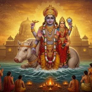 A majestic Varaha avatar of Vishnu, portrayed as a divine boar with a human body, emerges from swirling cosmic waters. The figure is adorned in ornate golden armor and jewels, holding the Earth goddess Bhudevi on his tusk. Behind him, a grand temple structure rises, its architecture blending traditional South Indian styles with ethereal, glowing elements. The scene is bathed in a warm, golden light, with intricate Madhubani-style patterns forming the background. Lotus flowers and mandalas float in the air, creating a dreamlike atmosphere. In the foreground, devotees in colorful traditional Indian attire offer prayers, their faces illuminated with reverence. The color palette features deep maroons, saffron, and peacock blue, with touches of soft pastels. The overall composition exudes a sense of divine power, spiritual journey, and timeless wisdom.