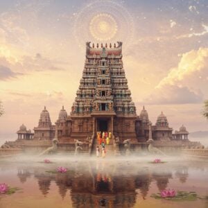 A majestic Vedanarayana Perumal temple complex emerges from a misty, ethereal landscape, blending traditional South Indian architecture with surreal, dreamlike elements. The temple's gopuram towers soar into a pastel sky filled with glowing mandalas and soft, golden clouds. In the foreground, a serene lotus pond reflects the temple's intricate details, creating a mirror-like symmetry. Devotees in colorful traditional attire are seen ascending the temple steps, their forms slightly translucent and emanating a subtle golden aura. The scene is framed by stylized banyan trees with roots that transform into flowing rivers of light. The color palette combines deep, rich tones of maroon, saffron, and peacock blue with softer, ethereal shades of pale pink and azure. Intricate Madhubani-style patterns adorn the temple walls, seamlessly merging with modern, digital-inspired geometric designs. A large, translucent Vishnu chakra hovers above the temple, casting a protective golden glow over the entire scene.