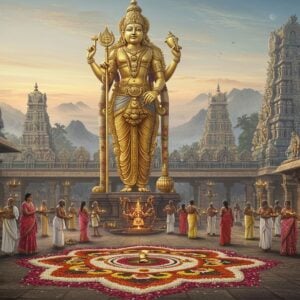 A majestic golden statue of Vedanarayana Swamy, intricately carved with traditional Indian motifs, stands in the center of an ornate temple courtyard. The deity's four arms hold sacred symbols - a conch shell, chakra, mace, and lotus. Surrounding the statue, devotees in colorful traditional attire perform various rituals - offering flowers, lighting oil lamps, and chanting mantras. The temple architecture blends ancient Dravidian style with modern elements, featuring towering gopurams adorned with vibrant sculptures. Soft, ethereal light bathes the scene, creating a serene atmosphere. In the foreground, a mandala pattern formed by flower petals and rice grains depicts cosmic symbolism. The background shows a misty landscape with sacred hills and a rising sun, symbolizing spiritual awakening. The overall composition balances rich cultural heritage with a contemporary aesthetic, using a palette of deep golds, saffron, maroon, and peacock blue, with touches of soft pastels for a modern feel.