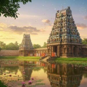 A majestic ancient Dravidian-style temple emerges from lush green foliage, its gopuram adorned with intricate carvings of Hindu deities in vibrant colors. The temple's reflection shimmers in a serene pond in the foreground, dotted with pink lotus flowers. Soft golden light bathes the scene, creating a ethereal atmosphere. In the foreground, a group of pilgrims in traditional Indian attire reverently approach the temple, their faces illuminated with awe and devotion. The sky above is a gradient of pastel hues, with wispy clouds forming subtle mandala patterns. Stylized rays of divine light emanate from the temple's main sanctum, symbolizing its spiritual power. The scene seamlessly blends photorealistic details with elements of Madhubani and Pattachitra art styles, creating a surreal yet inviting atmosphere that beckons the viewer to embark on a sacred journey.