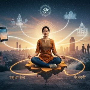 Prompt: A serene Indian woman in modern attire (jeans, stylish kurta) sits cross-legged on a floating lotus in a bustling cityscape. She's surrounded by holographic ancient Vedic symbols and Sanskrit verses glowing in soft gold. The city behind her transitions from concrete buildings to ethereal, Madhubani-style structures. Swirling energy threads connect her to various aspects of modern life - a smartphone, office building, family silhouette, and a meditation cushion. The sky above blends from urban smog to a clear, star-filled night. A soft, diffused light emanates from the woman, creating a peaceful aura amidst the city's chaos. Art style combines hyperrealism with traditional Indian motifs, featuring rich colors like deep blue, saffron, and gold. The scene embodies the fusion of ancient wisdom with contemporary living.