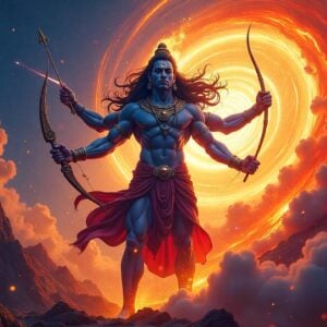 A powerful, four-armed Veerabhadra emerging from a swirling vortex of fire and cosmic energy, his skin a deep blue-black. He wields a trishula, sword, bow, and arrow, each glowing with divine light. His fierce expression is framed by a halo of flame-like hair. In the background, a stylized depiction of Mount Kailash in gold and silver. The scene is set against a surreal sky of deep purples and oranges, with intricate mandala patterns subtly woven throughout. Shiva and Sati are depicted as small, radiant figures in one corner. The art style blends traditional Indian iconography with modern digital techniques, using rich colors like saffron, maroon, and electric blue. Intricate details adorn Veerabhadra's armor and weapons, incorporating elements of Madhubani and Pattachitra art.