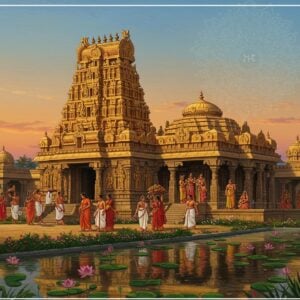 A majestic Veerabhadra temple with intricate Dravidian architecture, adorned with vibrant gold and saffron hues, set against a serene twilight sky. In the foreground, a group of diverse Indian devotees in traditional attire approach the temple, carrying offerings. The temple's ornate gopuram rises prominently, decorated with detailed carvings of Veerabhadra and other deities. Surrounding the temple are lush gardens with blooming lotus flowers and a tranquil pond reflecting the temple's grandeur. Soft, ethereal light emanates from within the temple, creating a mystical atmosphere. The scene blends elements of Madhubani and digital art, with intricate patterns and modern color gradients. A subtle mandala design frames the entire image, symbolizing spiritual unity and guidance.