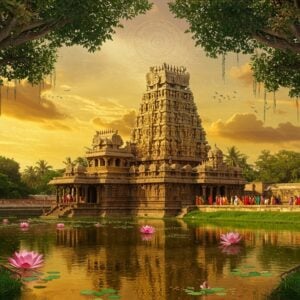 A majestic Veerabhadra temple with intricate Dravidian architecture, illuminated by golden sunlight. The temple's gopuram towers over lush green surroundings, adorned with ornate carvings of deities and mythological scenes. In the foreground, a serene water body reflects the temple's grandeur. Stylized lotus flowers float on the water's surface. The sky is a surreal blend of deep saffron and peacock blue, with wispy clouds forming mandala-like patterns. A group of pilgrims in colorful traditional Indian attire approach the temple, their silhouettes creating a sense of scale and reverence. The scene is framed by ancient banyan trees with aerial roots forming artistic patterns. The overall composition combines photorealistic details with ethereal, dreamlike elements, creating a captivating fusion of reality and spirituality.