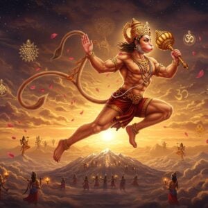 A majestic, muscular Hanuman in a dynamic pose, leaping across a celestial sky filled with swirling golden clouds and shimmering stars. His body is a deep saffron color, adorned with intricate Madhubani-style patterns in gold. He wears a crown with a glowing sun emblem and holds a mace in one hand, while his other hand is outstretched, fingers forming a mudra. His tail is elongated, forming a sweeping arc that mimics the shape of a mandala. In the background, a softly glowing Mount Meru is visible, with tiny figures of devas and celestial beings. The scene is illuminated by a warm, divine light, creating an aura of power and divinity. Floating lotus petals and spiritual symbols like Om and Sri Yantra surround Hanuman, emphasizing his sacred status. The art style blends hyperrealism with traditional Indian art, featuring rich colors like deep maroon, royal blue, and burnished gold.