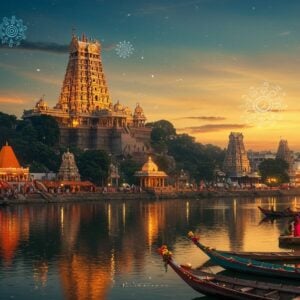 Prompt: "A stunning panoramic view of Vijayawada's skyline at golden hour, with the iconic Kanaka Durga Temple perched atop Indrakeeladri Hill as the focal point. The temple glows with warm, ethereal light, its intricate Dravidian architecture detailed in gold and saffron. In the foreground, a serene Krishna River reflects the temple and sky, with colorful boats adorned with flowers and lamps. Stylized, glowing mandalas float in the air, representing the city's spiritual energy. To the sides, glimpses of other temples emerge from lush greenery. Indian devotees in traditional attire are seen performing rituals by the riverbank. The scene combines hyperrealistic details with surreal, dreamlike elements. The color palette features deep blues, warm golds, and rich greens, with splashes of vibrant colors from the devotees' clothing and offerings. The overall composition creates a sense of mystical beauty and spiritual significance."