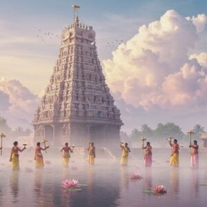 A majestic ancient Dravidian-style temple emerges from a misty, ethereal landscape, its towering gopuram adorned with intricate carvings of deities and mythical creatures. The temple's golden spire pierces through swirling, pastel-colored clouds, creating a surreal atmosphere. In the foreground, a serene lotus pond reflects the temple's grandeur, with floating diyas casting a warm, golden glow. A group of devotees in colorful traditional Karnataka attire perform a ritualistic dance, their movements graceful and synchronized. Soft rays of sunlight filter through the mist, illuminating the scene with a divine radiance. The entire image is rendered in a style that blends hyper-realistic details with dreamy, surreal elements, creating a captivating visual narrative that showcases the spiritual essence of Yadur Veerabhadra Temple.