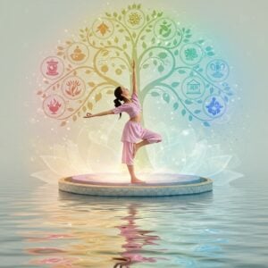 Prompt: A serene Indian woman in a flowing pastel yoga outfit performing a graceful yoga asana on a lotus-shaped platform floating above calm, reflective water. The water's surface ripples with soft, glowing mandalas. Around her, ethereal wisps of colorful energy represent the five elements of Ayurveda. In the background, a stylized tree of life with leaves shaped like Ayurvedic herbs and spices. The scene is bathed in a warm, golden light, creating a dreamlike atmosphere. Intricate Madhubani-style patterns adorn the edges of the image, merging traditional art with modern digital aesthetics. The color palette includes soft blues, pale pinks, and warm golds. The overall composition radiates balance, harmony, and holistic wellbeing.