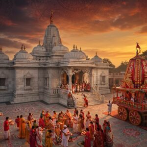 A majestic aerial view of Agartala Jagannath Mandir during sunset, with its distinctive Bengali-style architecture featuring curved roofs and spires illuminated in warm golden light. The temple's white marble structure stands against a dramatic sky filled with deep oranges and purples. In the foreground, a gathering of devotees in traditional Bengali attire (women in red-bordered white sarees, men in kurtas) perform aarti with brass lamps. The temple courtyard features intricate Madhubani-style rangoli patterns with peacock motifs and lotus designs. Lord Jagannath's iconic chariot, intricately carved with traditional Odishan patterns, stands prominently to the side, decorated with marigold garlands and silk flags. Soft rays of light filter through incense smoke, creating a mystical atmosphere. The scene captures both the architectural grandeur and spiritual essence, with detailed mandala patterns in the sky, rendered in a style combining traditional Indian art with modern digital aesthetics, using a color palette of deep maroons, saffron, navy blue, and gold accents. The lighting should be ethereal with a divine glow emanating from the temple's sanctum.