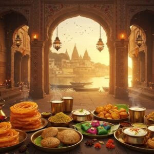 A bustling ancient Indian street in Varanasi at golden hour, featuring ornate stone archways and traditional architecture decorated with intricate Madhubani patterns. In the foreground, a beautifully arranged display of traditional Indian street food on brass and copper plates - golden jalebis glistening with syrup, colorful paan arrangements on banana leaves, steaming hot kachoris, and malai-topped lassi in traditional clay cups. Warm light filtering through the archways creates a magical glow on the food. Small trails of aromatic steam rise from the dishes. The background shows the silhouette of ancient temples and the Ganges river with small diyas floating. The scene is dotted with hanging brass bells, marigold garlands, and traditional lanterns. The color palette focuses on deep oranges, rich golds, warm browns, and vibrant food colors. The style merges photorealistic food photography with ethereal Indian artistic elements, featuring detailed textures and a dreamy atmospheric quality. Small floating particles of spices and steam create a mystical atmosphere. The lighting emphasizes the rich textures and colors of the food while maintaining the spiritual essence of Varanasi.