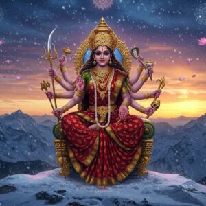 A majestic portrayal of Goddess Chamunda in her fierce form, seated on a golden throne atop snow-covered Himalayan peaks at sunrise. She has eight arms holding traditional weapons - her right hands wielding a trident, sword, skull-mace, and a serpent, while her left hands hold a shield, damaru drum, lotus, and a skull cup. Her face is intense yet serene, adorned with a crown of skulls and crescent moon. She wears ornate gold jewelry and a deep red silk sari with intricate golden patterns. The background features swirling mystical energy in deep blues and purples, with ethereal floating lotus flowers and mandalas. Dramatic lighting creates a divine glow around her form, while snow particles glisten in the air. The scene combines elements of traditional Himalayan art with modern digital aesthetics, showing sacred symbols and yantra patterns in the sky. The composition should be grand and awe-inspiring, with the goddess positioned prominently against the vast mountain landscape. Hyperrealistic detail in the snow textures and fabric folds, with a magical, supernatural atmosphere.